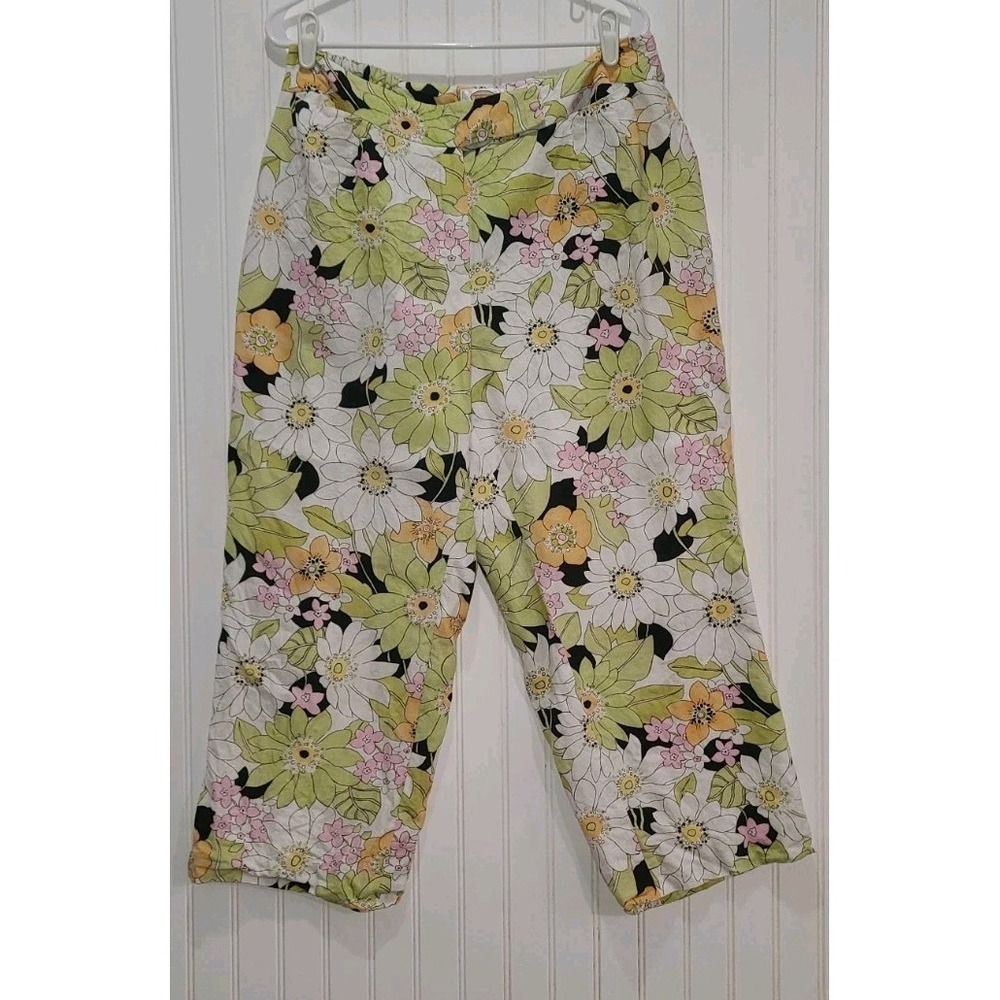 TALBOTS Vintage Floral Print Stretch Cropped Linen Pants Size 14 Vacation Beach